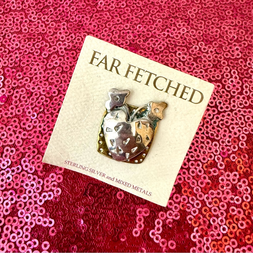 🩶Far Fetched Sterling Silver Strawberry Fruit Floral Mixed Metal Pin